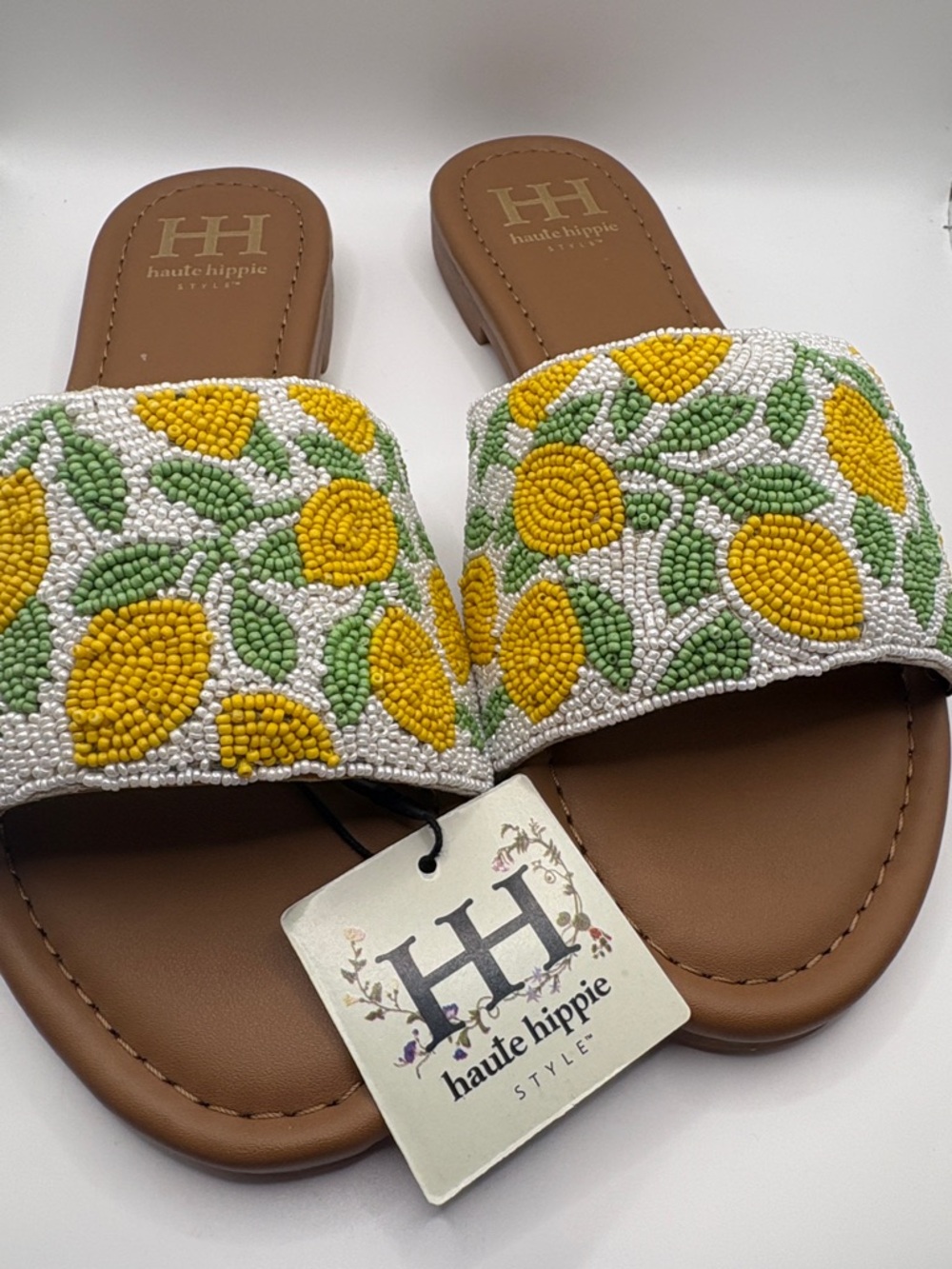 Haute Hippie Yellow, Green and White Beaded Slide Sandals - Picture 1 of 7